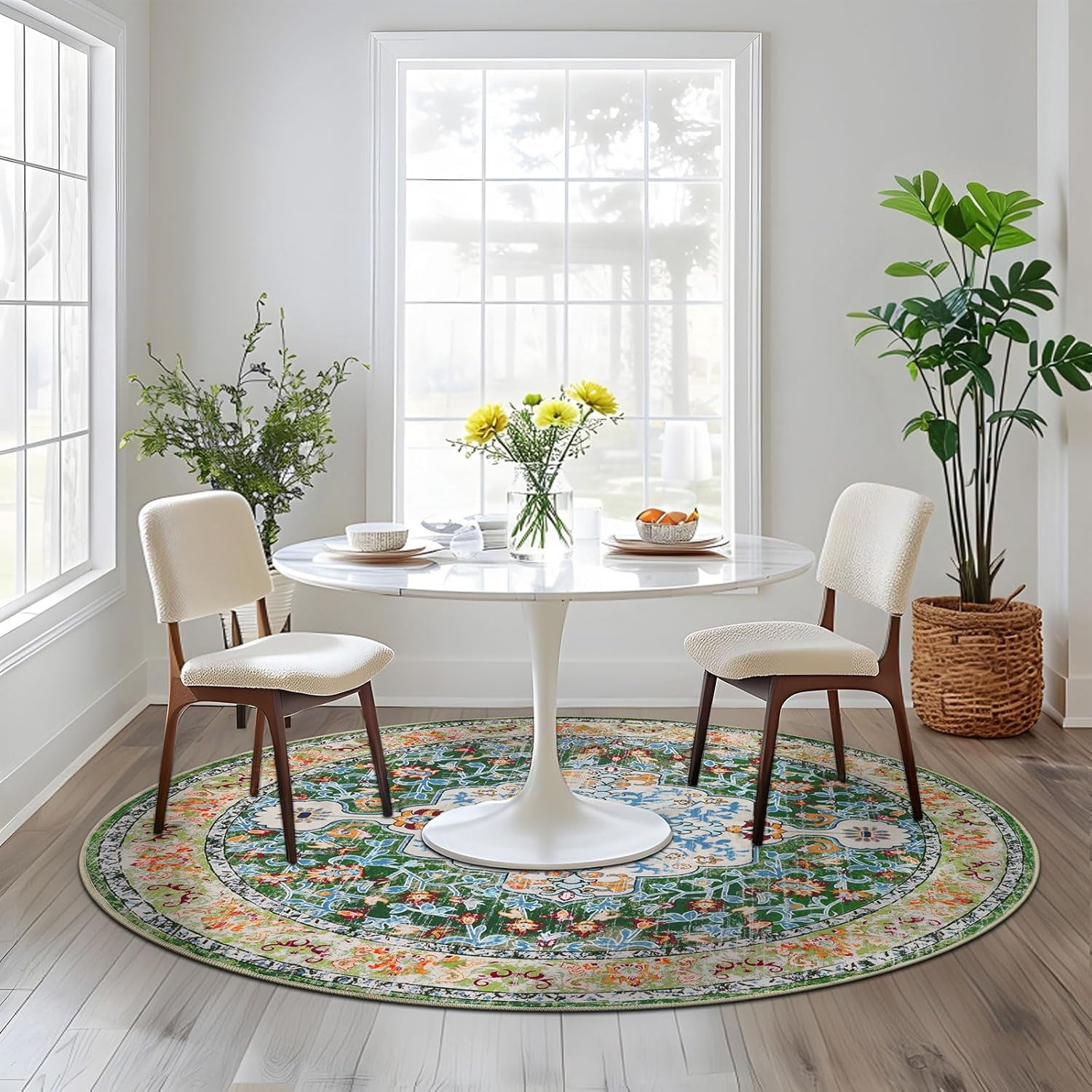 4 ft Round Area Rug, Yamaziot Boho Vintage Oriental Circle Carpet, Washable Non Slip Non Shedding Soft Faux Indoor Floor Mat Rug for Bedroom Living Room Sofa Office, Green