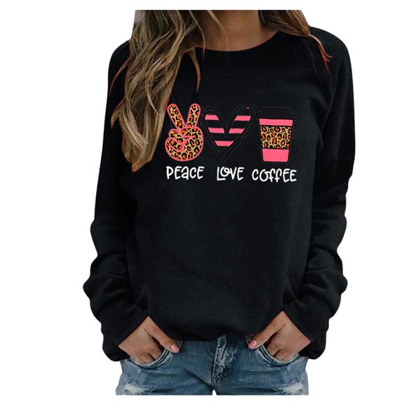 Wxolcjlv T-Shirt For Womens Peace Love Coffee Print O Neck Long Sleeve T-Shirt Casual Loose Plus Size Positioning Print Pullover Stylish Tshirt