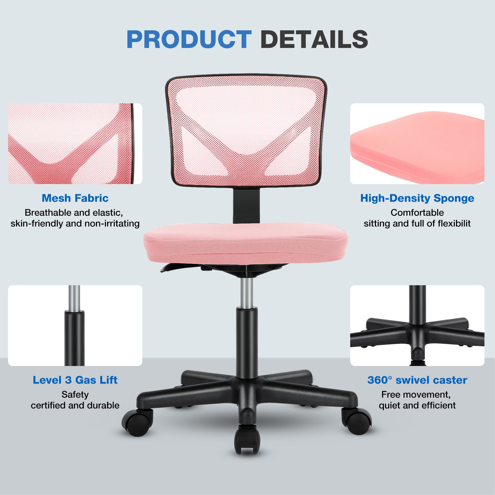 Gianna Armless Desk Chair, Low Back Adjustable Rolling Chairs with Wheels for Home Office Study