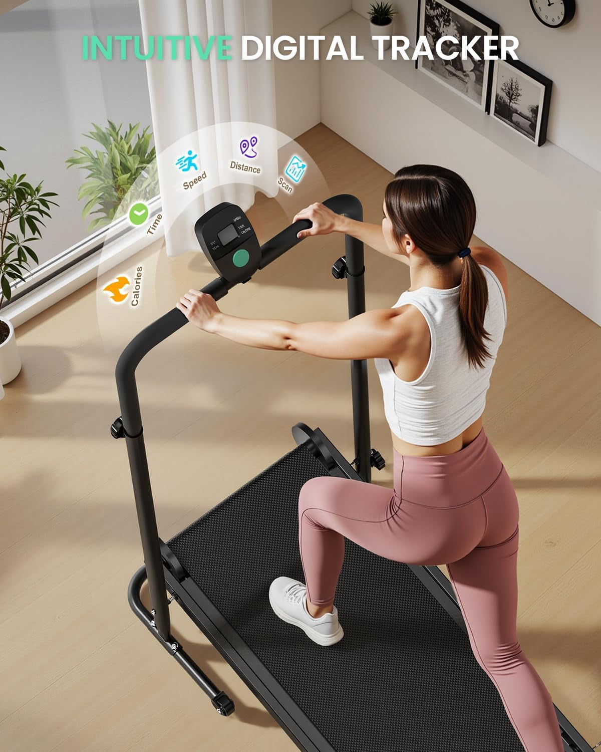 Akluer Non-Electric Treadmill with Dual Flywheel & Fixed Incline, LCD Monitor, Foldable Design for Home Use, Non-Slip Belt, Soft Foam Grips for Walking/Jogging