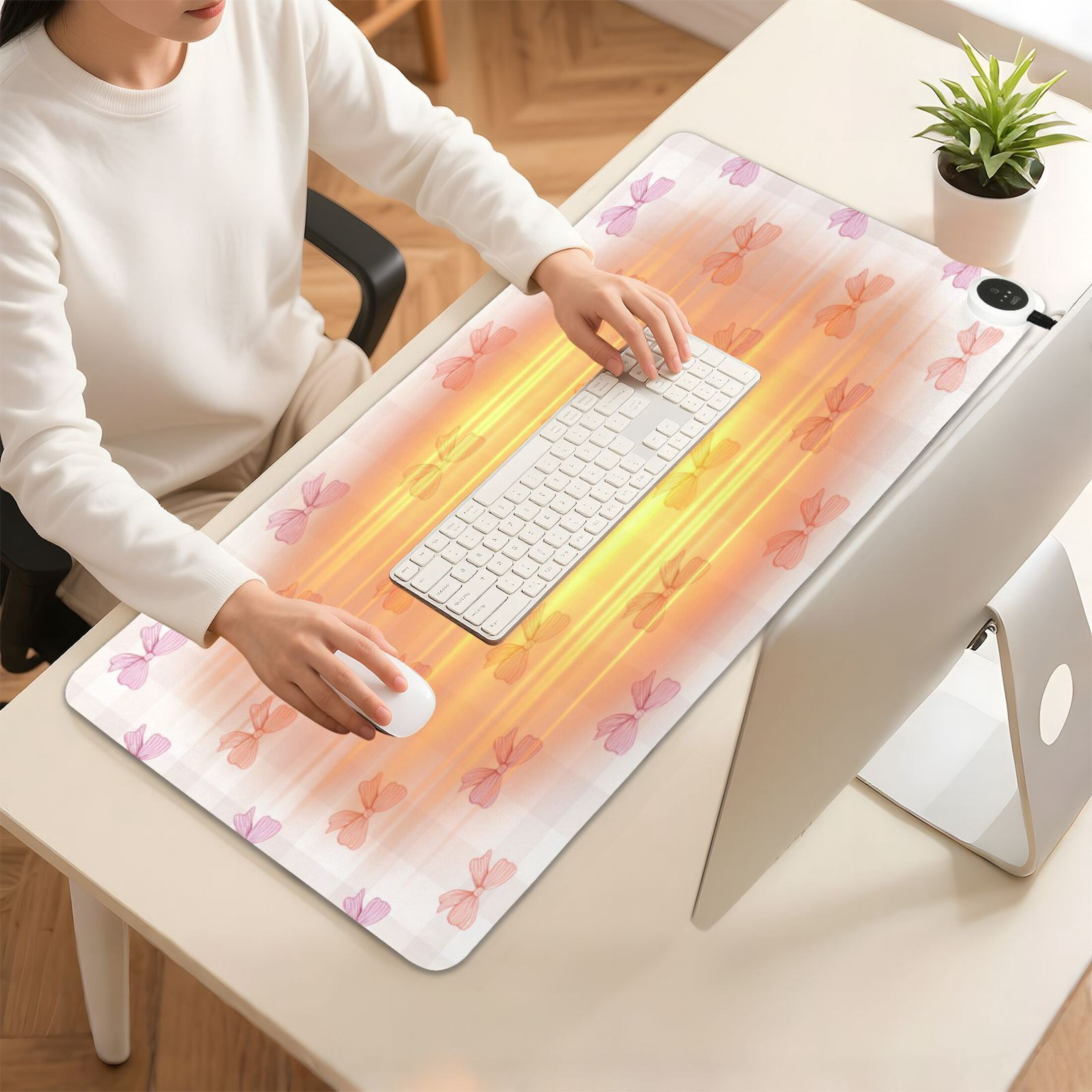 Large Heated Desk Mat Mouse Pad 31.5"x13"PU Leather Graphene Heating Desk Warmer with 3 Temperature Settings 110V US Plug Non-Slip Warm Pad for Home, Office, and Gaming Sweet Pastel Bow Pattern
