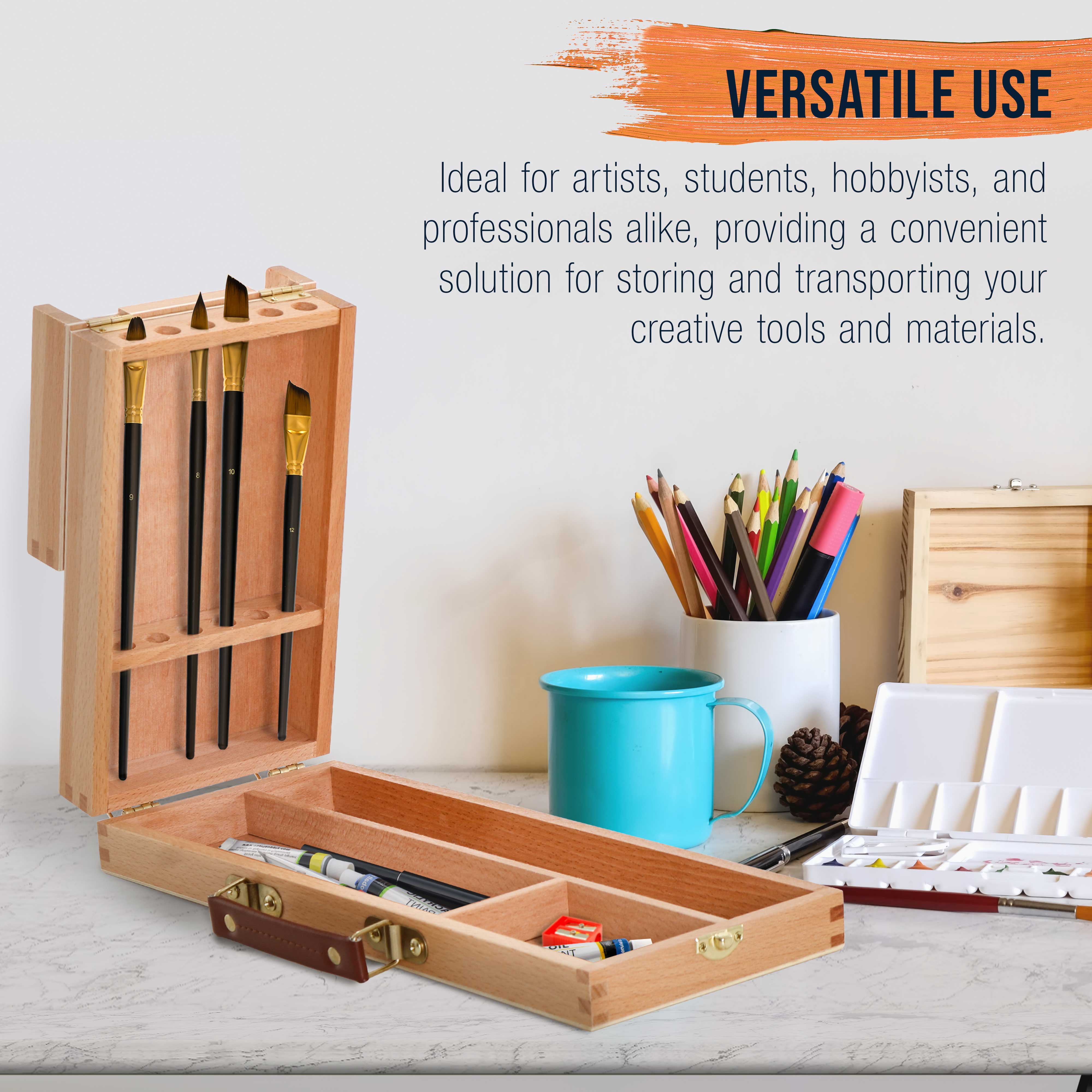 U.S. Art Supply Multi-Function Unfinished Beechwood Flip Opening Artist Tool and Brush Storage Box with Locking Clasps - Protect and Organize and Transport Pencils, Erasers, Tools & Supplies