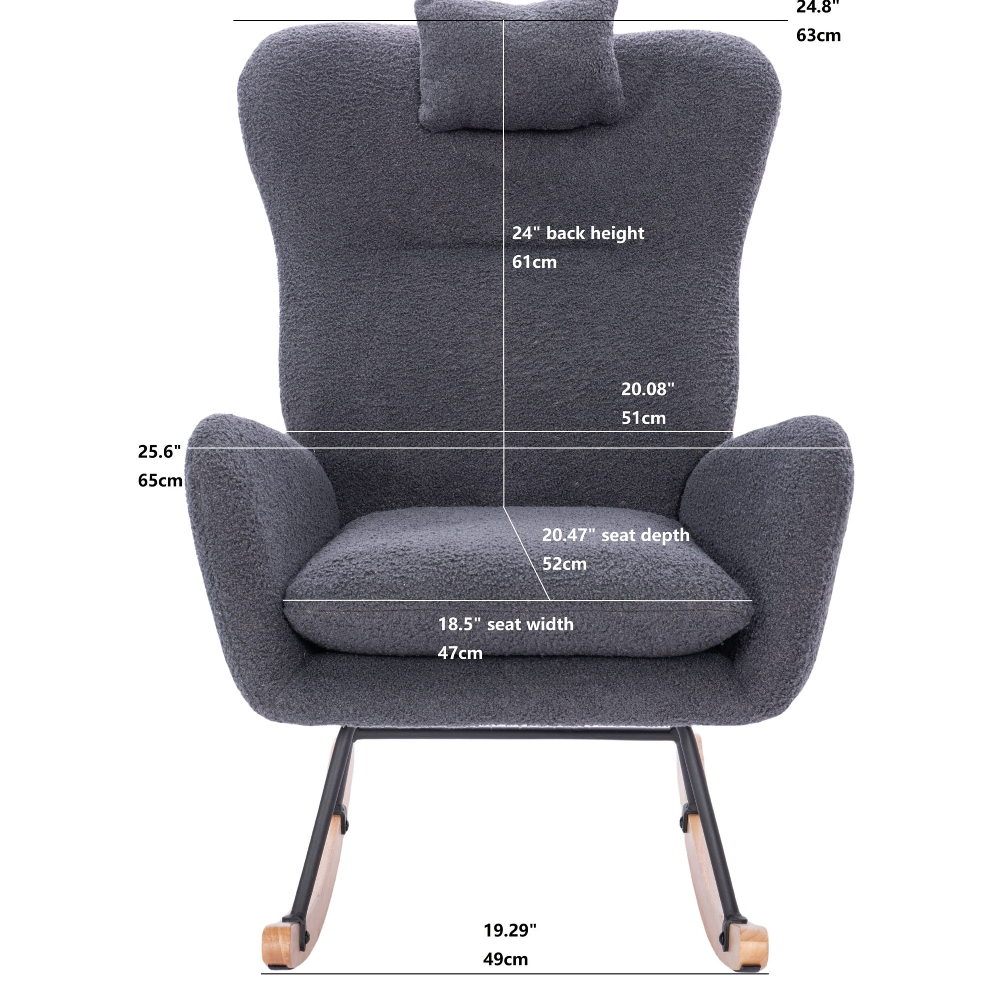 Teddy Upholstered Nursery Rocking Chair, High Back Soft Fabric Rocker for Breastfeeding, Living Room, Bedroom, Grey