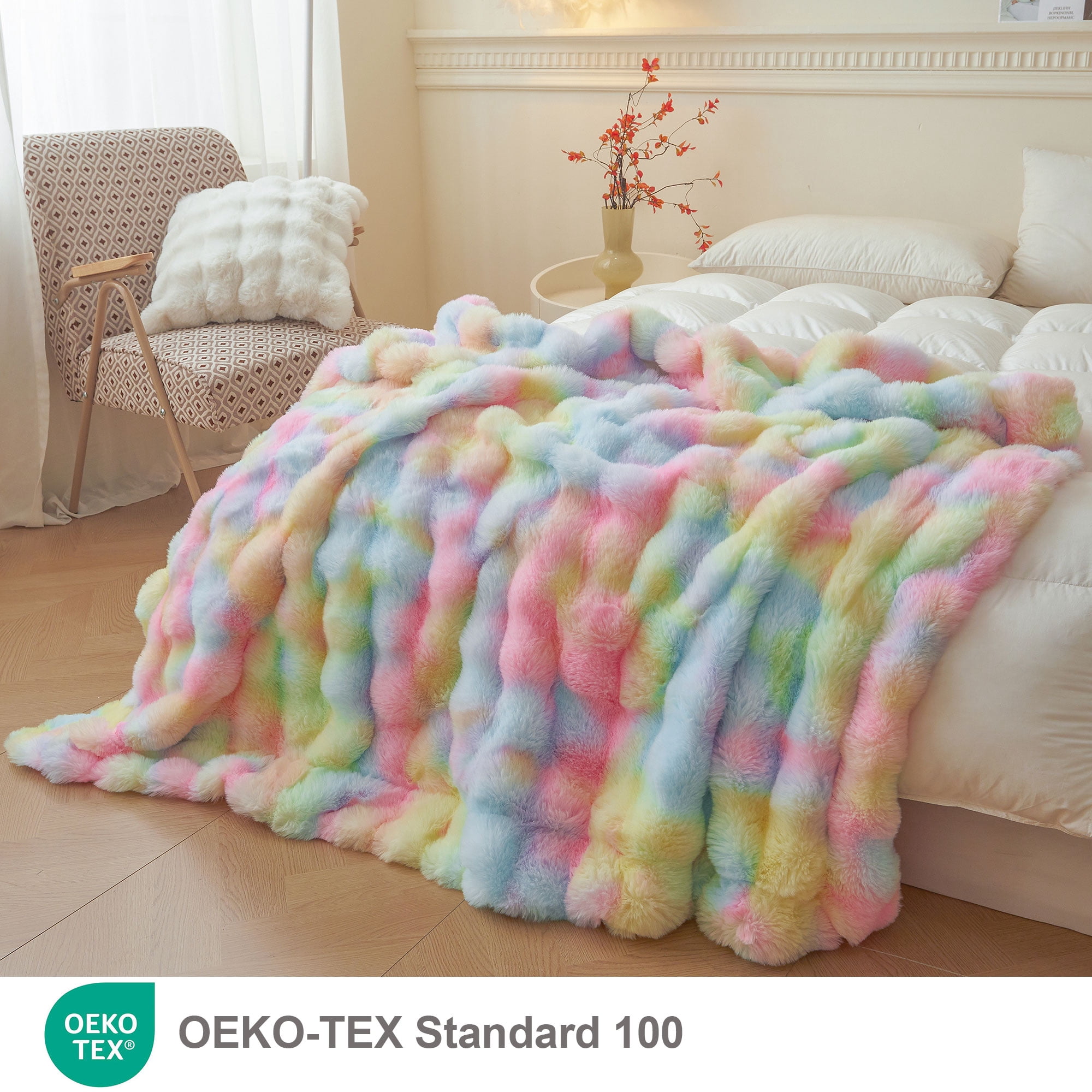 LIFEREVO Fluffy Faux Rabbit Fur Bubble Throw, Rainbow Plush Shaggy Blanket for Couch Sofa Chair, Soft Tie Dye Furry Blanket Adults Kids Girls, Fuzzy Throw for Bedroom Living Room, 50x60, Rainbow