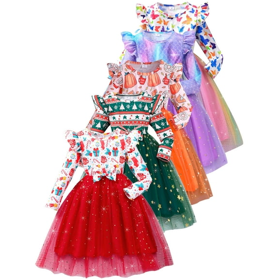 WIBACKER Little Girls Christmas Tulle Dresses Toddler Kids Long Sleeve Sparkle Tutu Dress XMAS Red Party Festival Dress 6 Years