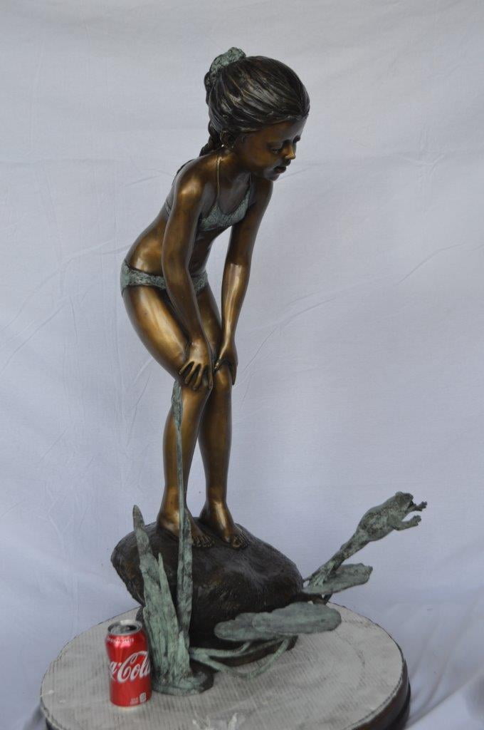 Nifao Girl Watching Jumping Frog – Outdoor Bronze Fountain, Garden Water Feature, 21"L x 15"W x 38"H