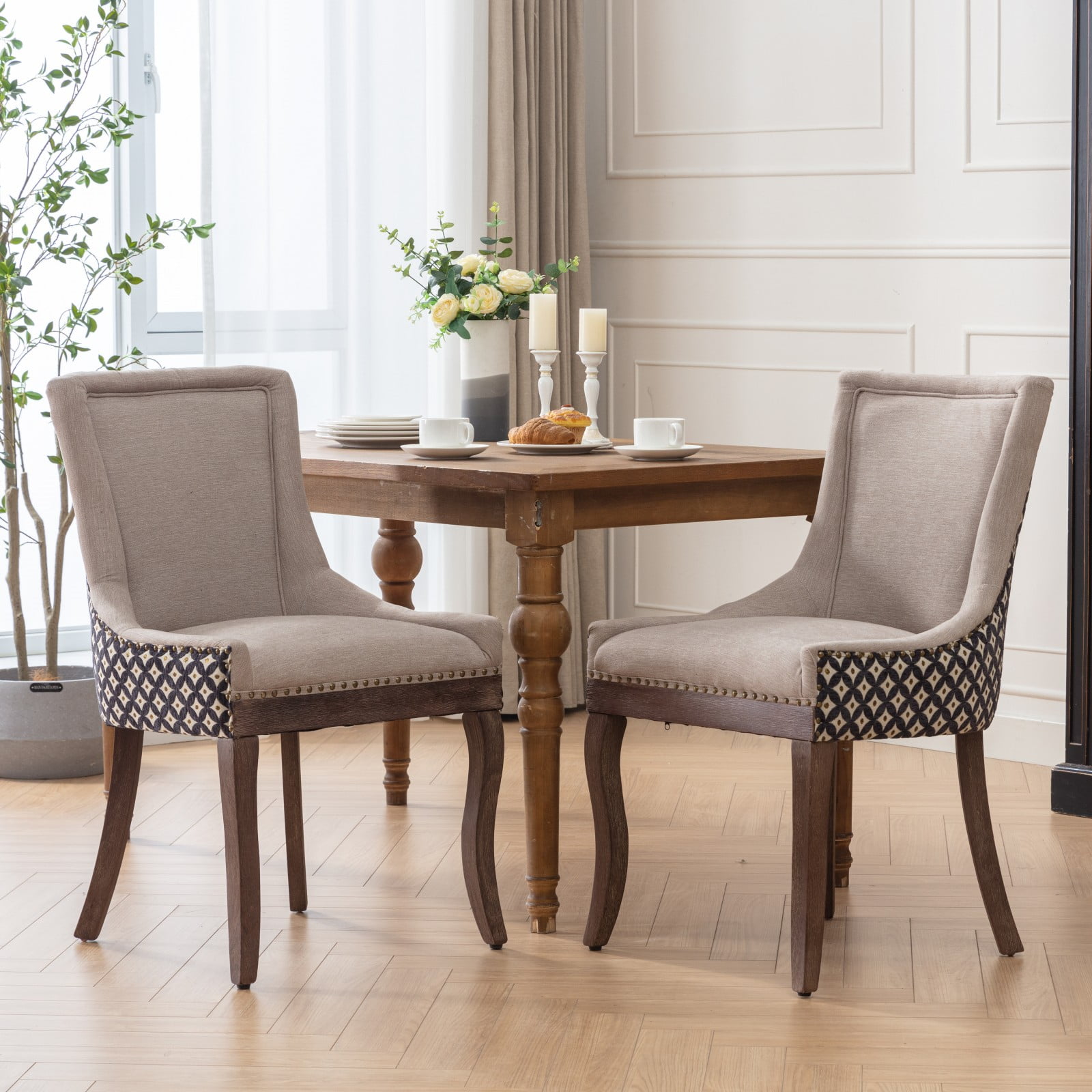 BSHTI Furniture Ultra Side Dining Chair Set of 2, Beige Patterned Fabric Chairs with Solid Wood Legs & Bronze Nail Head Trim, Unique Accent Seating