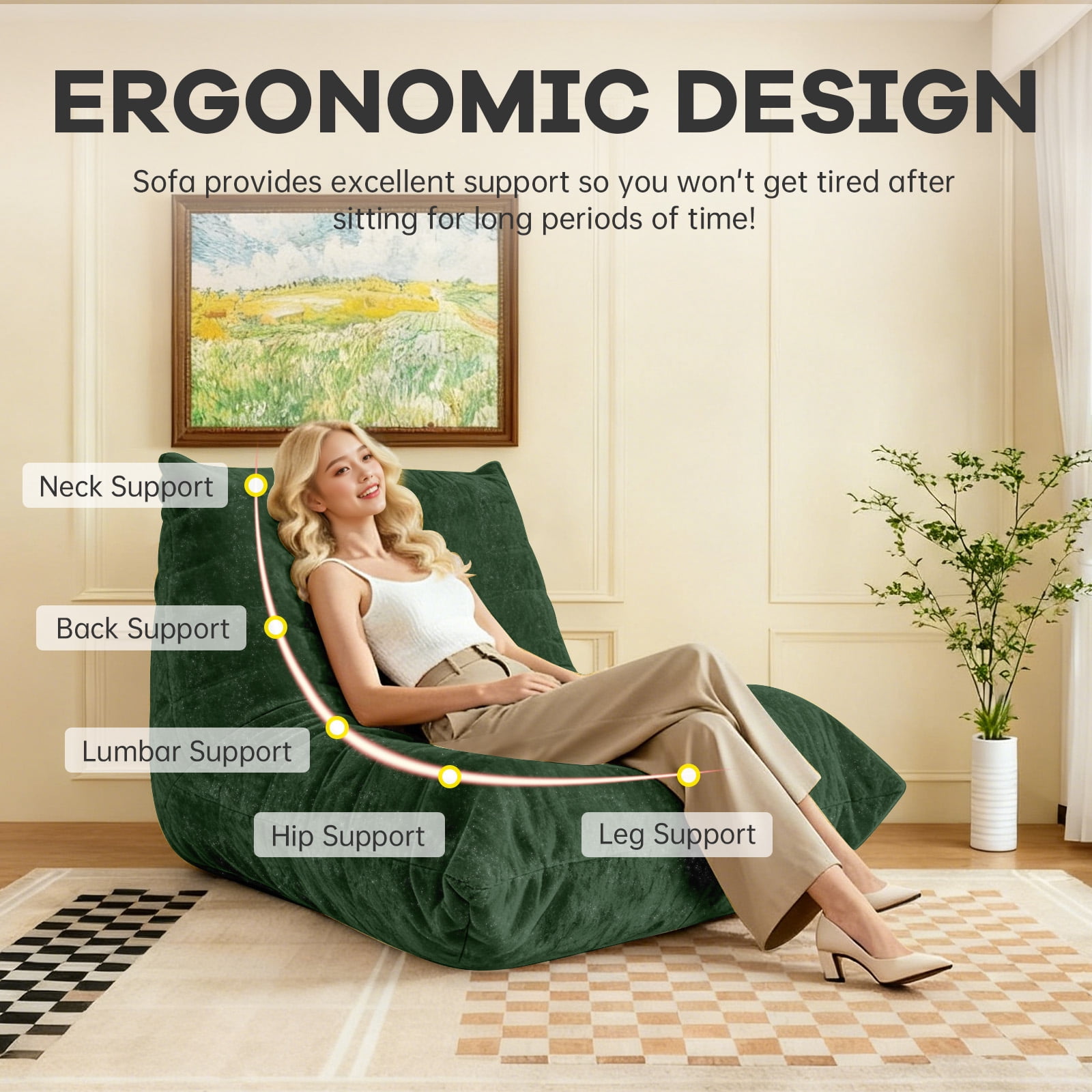 Leumius Bean Bag Chair,L-Shaped Memory Foam Bean Bag Sofa for Adults,Beanbags Lazy Sofa for Bedroom, Living Room, Office and Home,Green