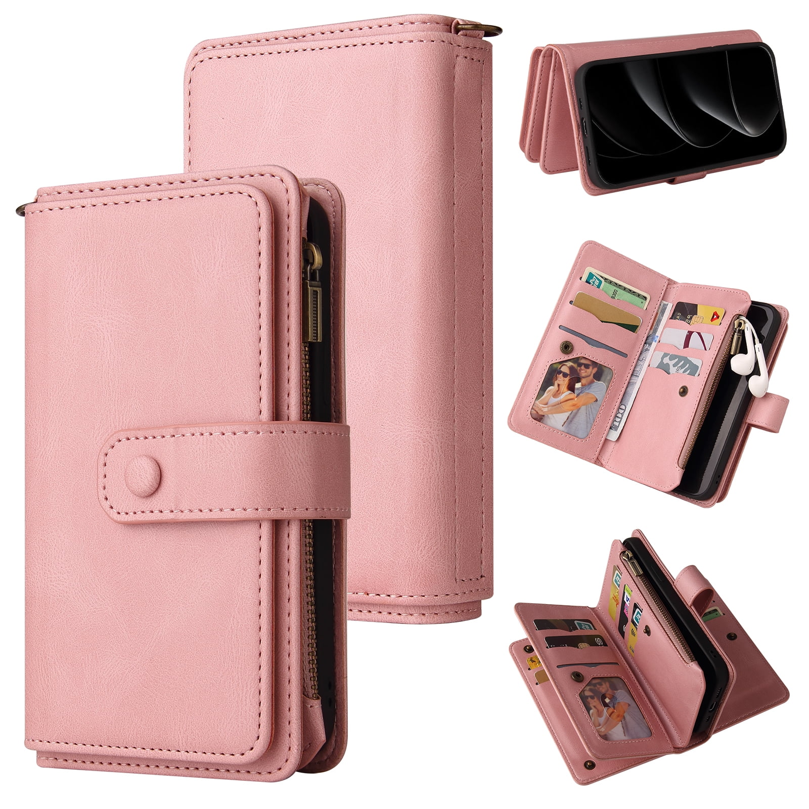Phone Case for iPhone 17 Pro Max, Wallet Case Luxury Folio Flip Leather Cover [Zipper Pocket] [Wrist Strap] [Kickstand] for iPhone 17 Pro Max, Pink