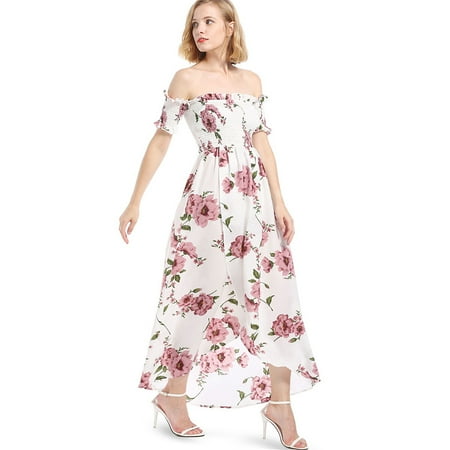 Off Shoulder Slit Floral Half Sleeve Maxi Dresses