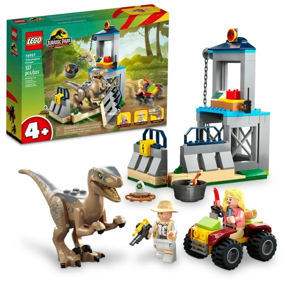 LEGO Jurassic Park Velociraptor Escape 76957 Learn to Build Dinosaur Toy for Boys and Girls; Gift for Kids Aged 4 and Up Featuring a Buildable Dinosaur Pen, Off-Roader Vehicle and 2 Min