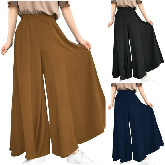 Olyvenn Women's Loose Oversized EElastic Waist Wide Leg Pants With Large Beach Casual Pants 2023 Tummy Control Outdoor Leggings Full Length Pants for Women Stylish Brown 18