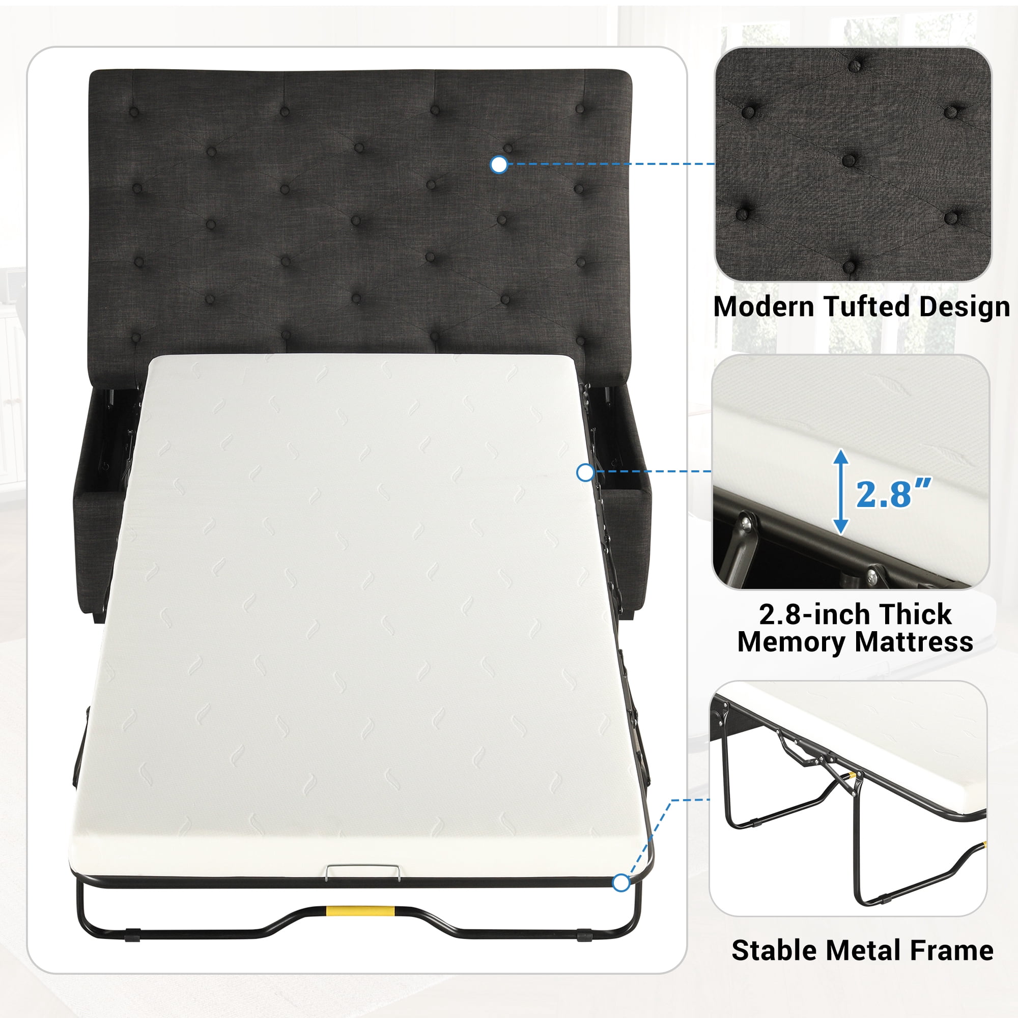 Euroco Convertible Ottoman Sleeper Bed with Memory Foam Mattress, Folding Twin Bed for Guests, Tufted Linen Upholstery, Iron Frame, Space-Saving Sofa Bed