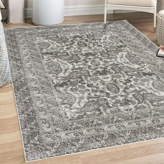 Eastern Decorative Rug, Oriental Culture Pattern of Paisley Bloom Flowers and Bohemian Leaves, Quality Carpet for Bedroom Dorm and Living Room, 6 Sizes, Coconut Dimgray, by Ambesonne