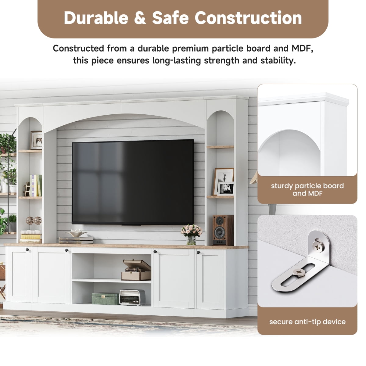 Luckynote Farmhouse TV Stand, Entertainment Center with Bookshelf, Arched Design Wood Grain for 70" TVs, 91 Inch Media Console with Adjustable Shelves, White