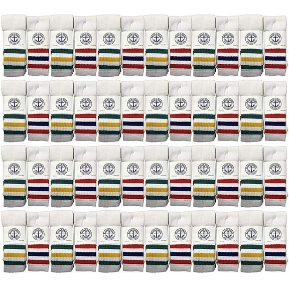 48 Pairs Of Yacht & Smith 14 Inch Wholesale Kids Tube Socks, Cotton Bulk Sport Socks Size 4-6 (White w/Stripes)
