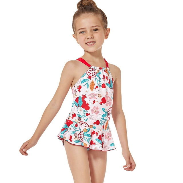 Girls' Beach Sports One-Piece Printed Swimsuit Bikini Suspender Ruffle Swimsuit
