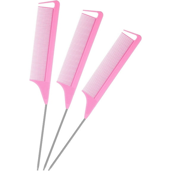 3 Pieces Parting Comb for Braids Rat Tail Hair Comb Steel Pin Carbon Fiber Teasing Combs with Stainless Steel Pintail (Pink)