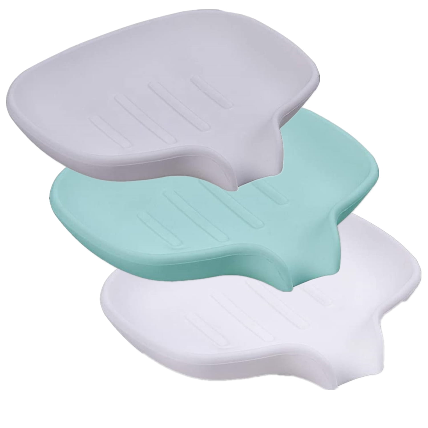 Soap Dish Soap Holder Tray Saver Drainer for Shower Bathroom,Silicone Soap Dish Waterfall & Anti-Slip Design, 3 Pack (Gray + Green + White)
