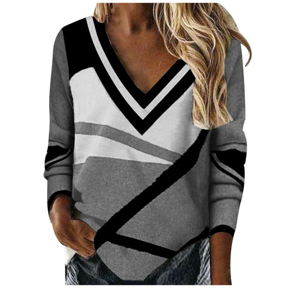 WREESH Womens Fashion T-Shirts Loose Spring Fall Patchwork Printed Long Sleeve V-Neck Casual Tee Tops T-Shirt Pullover Gray