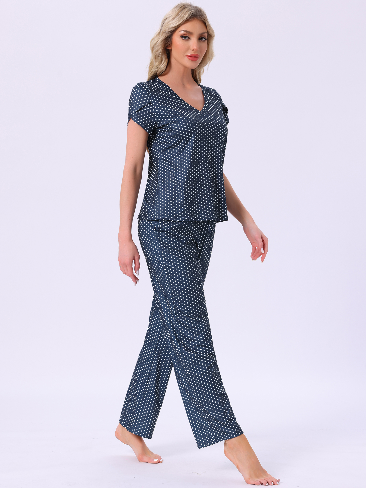 DARING DIVA Pajamas V Neck Top Drawstring Pants Sleepwear Lounge Sets S Blue Dot