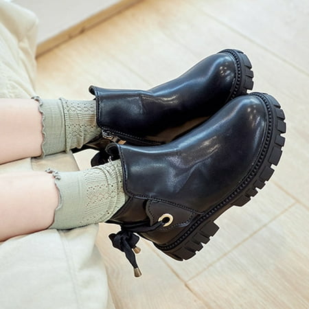 

TOWED22 Baby Boots Girls Shoes Fashion Ankle Boots Kids Low Heel Dress Booties Fashion Side Zipper Short Flats Black