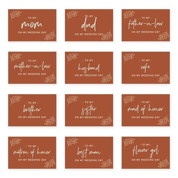 Koyal Wholesale Wedding Day Gift Cards Set with Envelopes Set of 12, Terracotta Line Leaves