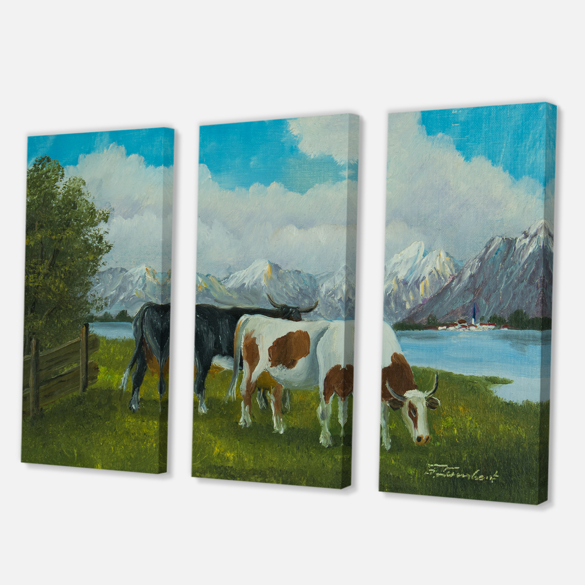 Designart ' Cows Eating Grass In Front Of A Lake ' Farmhouse Canvas Wall Art Print