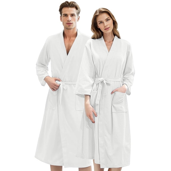 Couples Unisex Waffle Knit Kimono Bathrobe, Lightweight Spa Sauna Robe