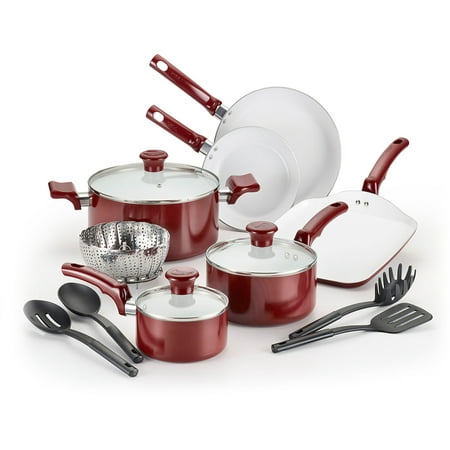 T-fal, Celebrate Ceramic 14 Pc. Set, PTFE-free and PFOA-free, Dishwasher Safe Cookware, Red,