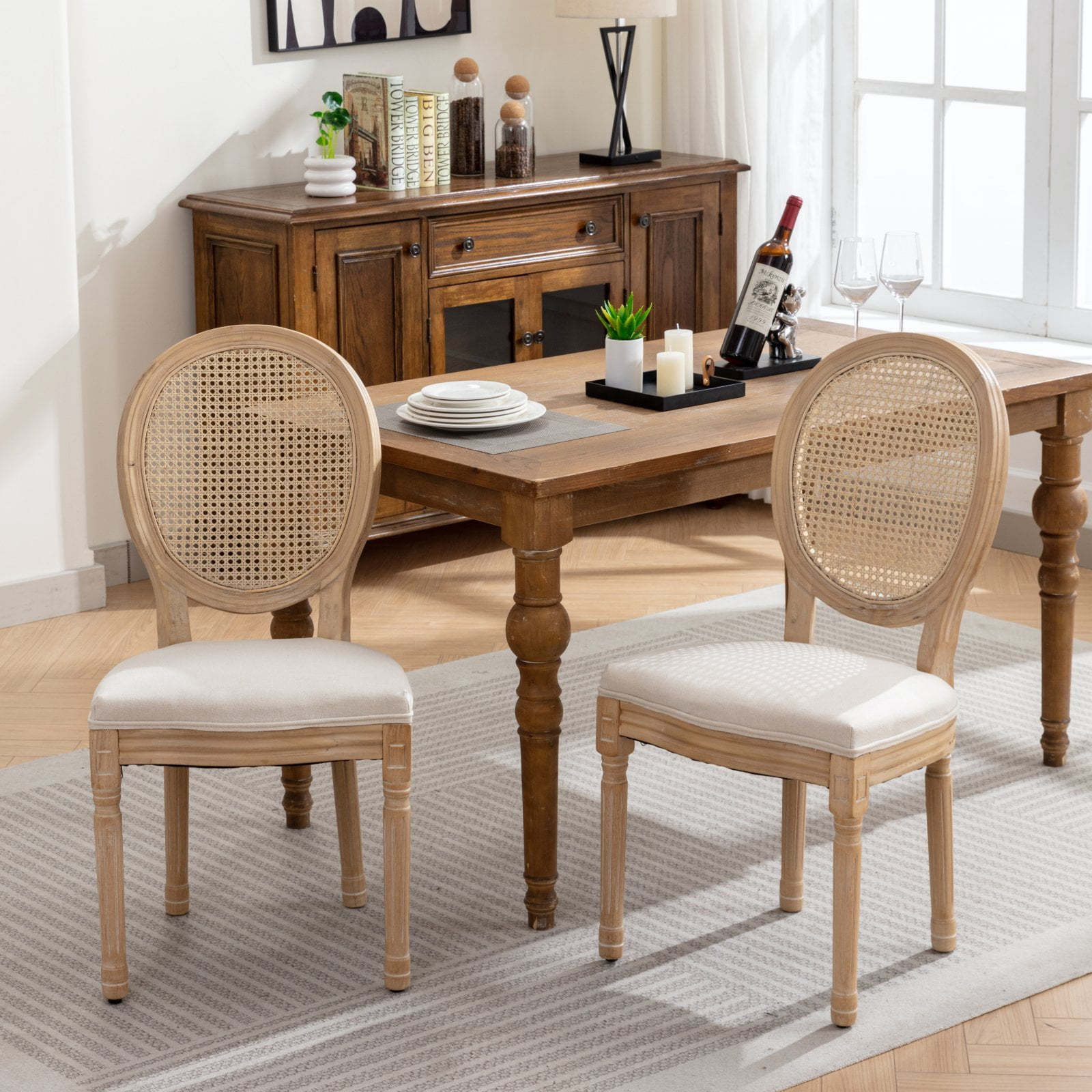 Gewnee French Style Set of 2,Solid Wood Frame Antique Painting Linen Fabric Rattan Back Dining Chair