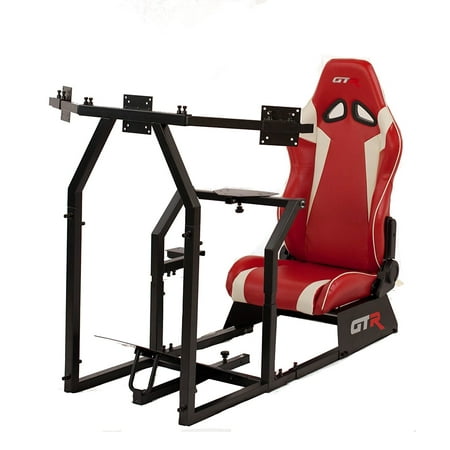 Triple Monitor System GTR Racing Simulator GTAF-BLK-S105LRDWHT - GTA-F Model (Black) Triple or Single Monitor Stand with Red/White Adjustable Leatherette Seat, Racing Simulator Cockpit gaming chair Single Monitor Stand ()
