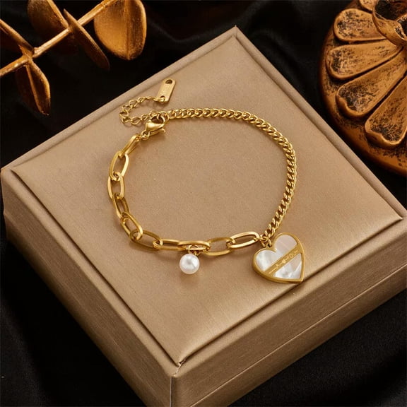 GKNET Womens 18K Gold Plated Stainless Steel Pearl Heart Charm Bracelet Bangle B673