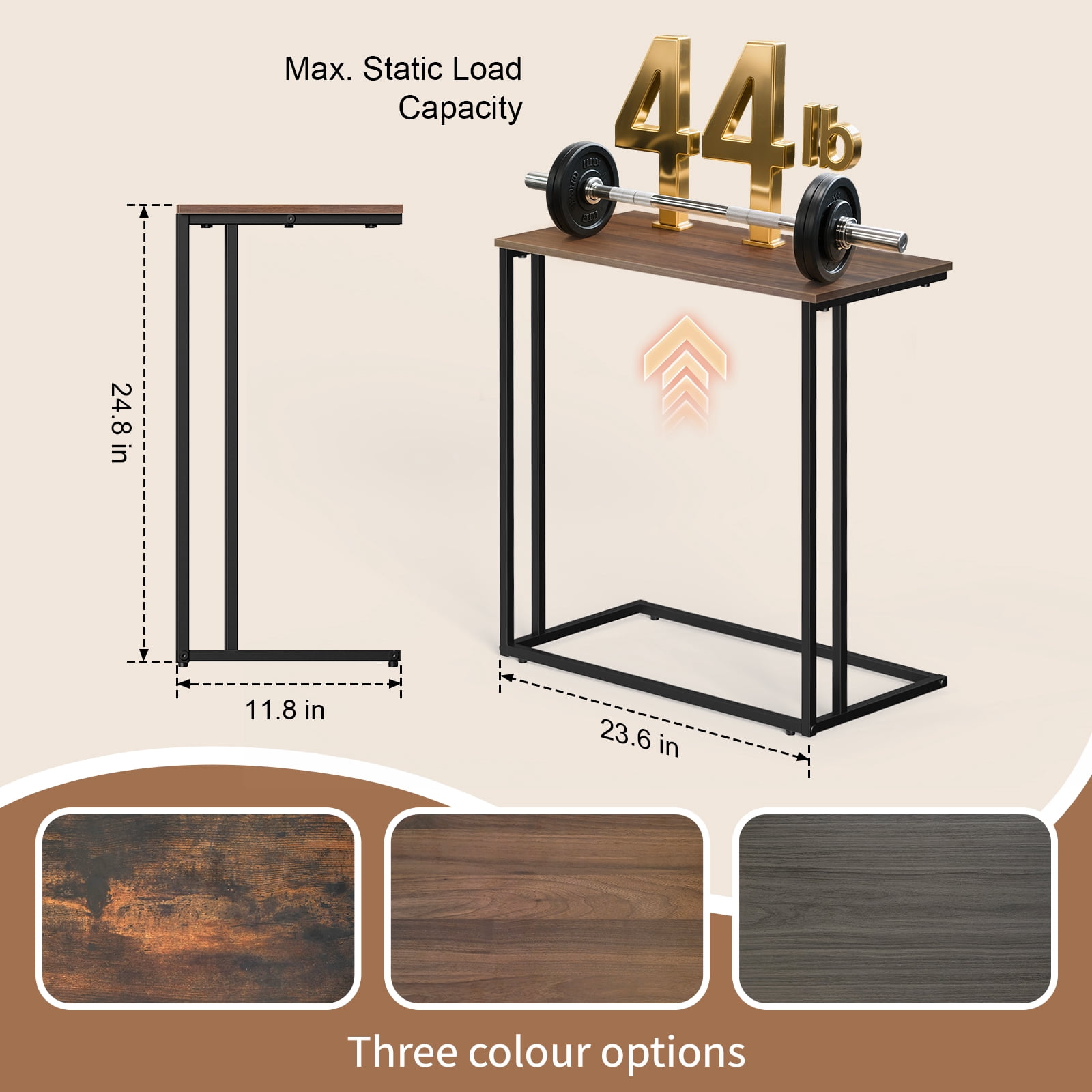 Krpimt C-Shaped End Table for Couch Sofa Side Table with Metal Frame for Bedroom, Living Room, 24.2"x 23.6"x 11.8"(HxWxD),Walnut