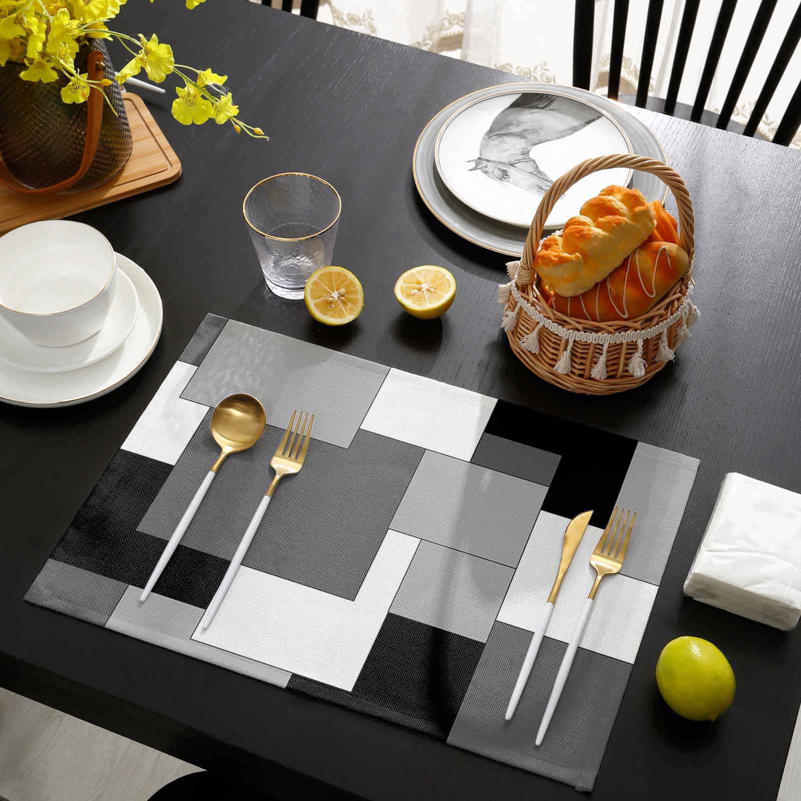 Black Grey Placemats Set of 4, Middle Century Irregular Geo Abstract Art Placemats for Dining Table, Place Mats for Kitchen Tabletop, Waterproof Wipeable Dining Table Mats Set