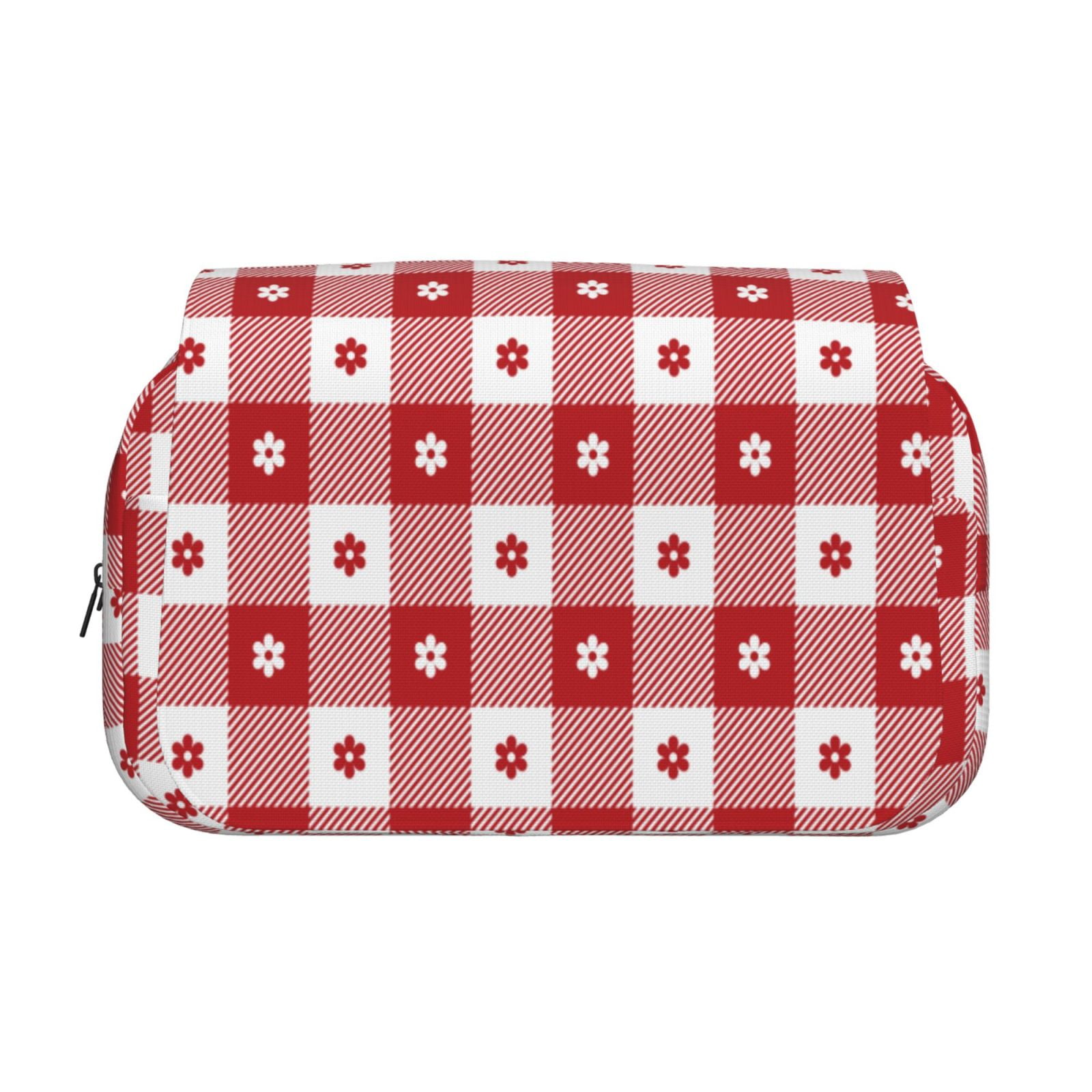 Rateoe Red Plaid Daisy Pattern Double Clamshell Pen Case, Storage Organizer with Two Zipper Compartments– Holds Up to 50 Pencils & Pens