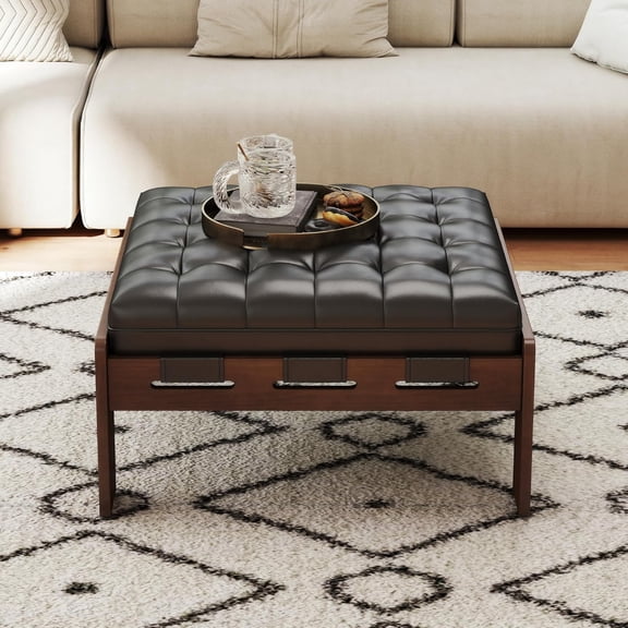 Ottoman Coffee Table, 30 inch Black Living Room Ottoman, Square Bench Leather Tufted Upholstered Coffee Tables