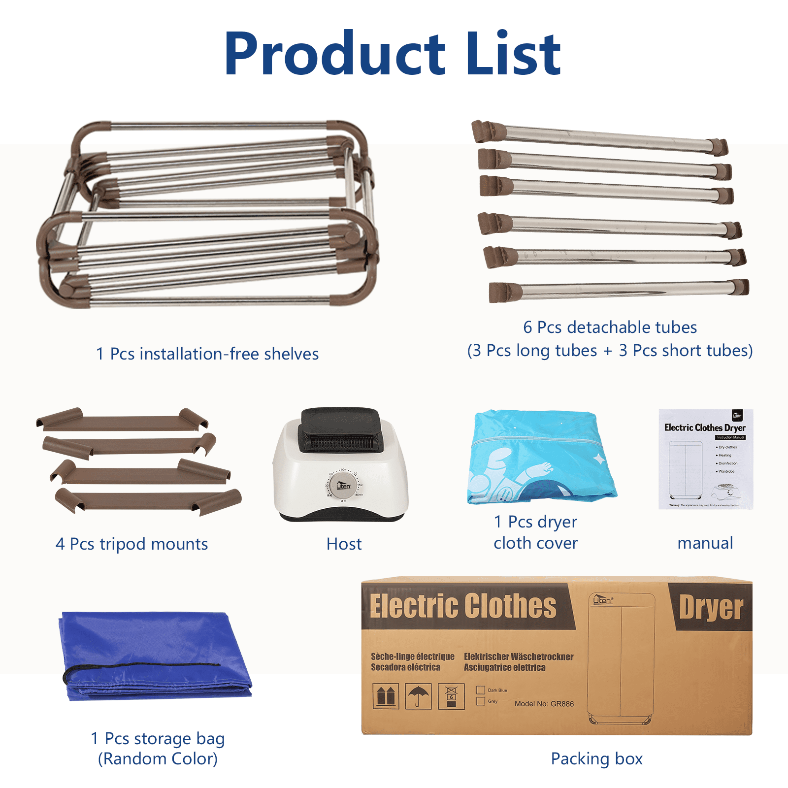 Uten Electric Clothes Dryer Portable 1500W Air Drying Laundry Heater with Timer, Foldable Clothes Drying Rack and Dryer for Travel, Apartments, RV, Home