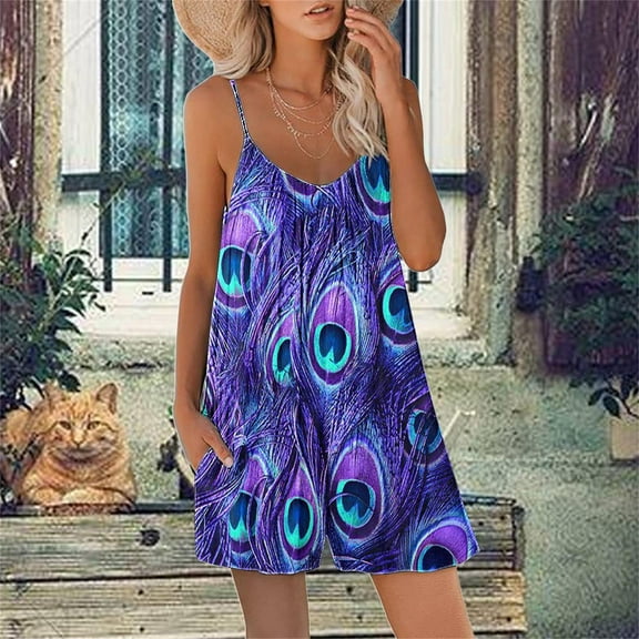 Wycnly Jumpsuits for Women Dressy Loose Pleated Swing Vintage Strap Short Jumpsuits Overalls with Pocket Summer Crewneck Sleeveless Floral Print Mini Trendy Rompers Dark Blue l