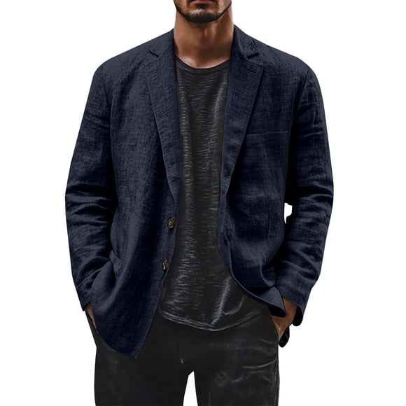 Breezora Men's Casual Lightweight Jacket Sport Blazer Two Button Cotton Linen Suit Jacket Breathable Travel XXL Size Dark Blue
