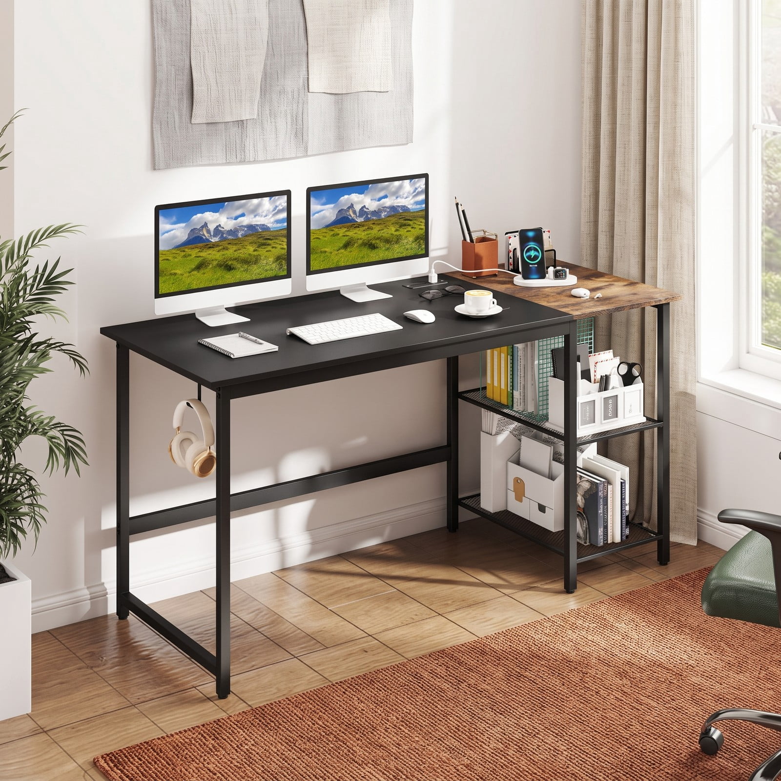 Furnibear 59 Inch Computer Desk with Charging Station, Home Office Writing Desk with 2-Tier Storage Shelves, Metal Frame Study Desk with USB &, Black & Rustic Brown