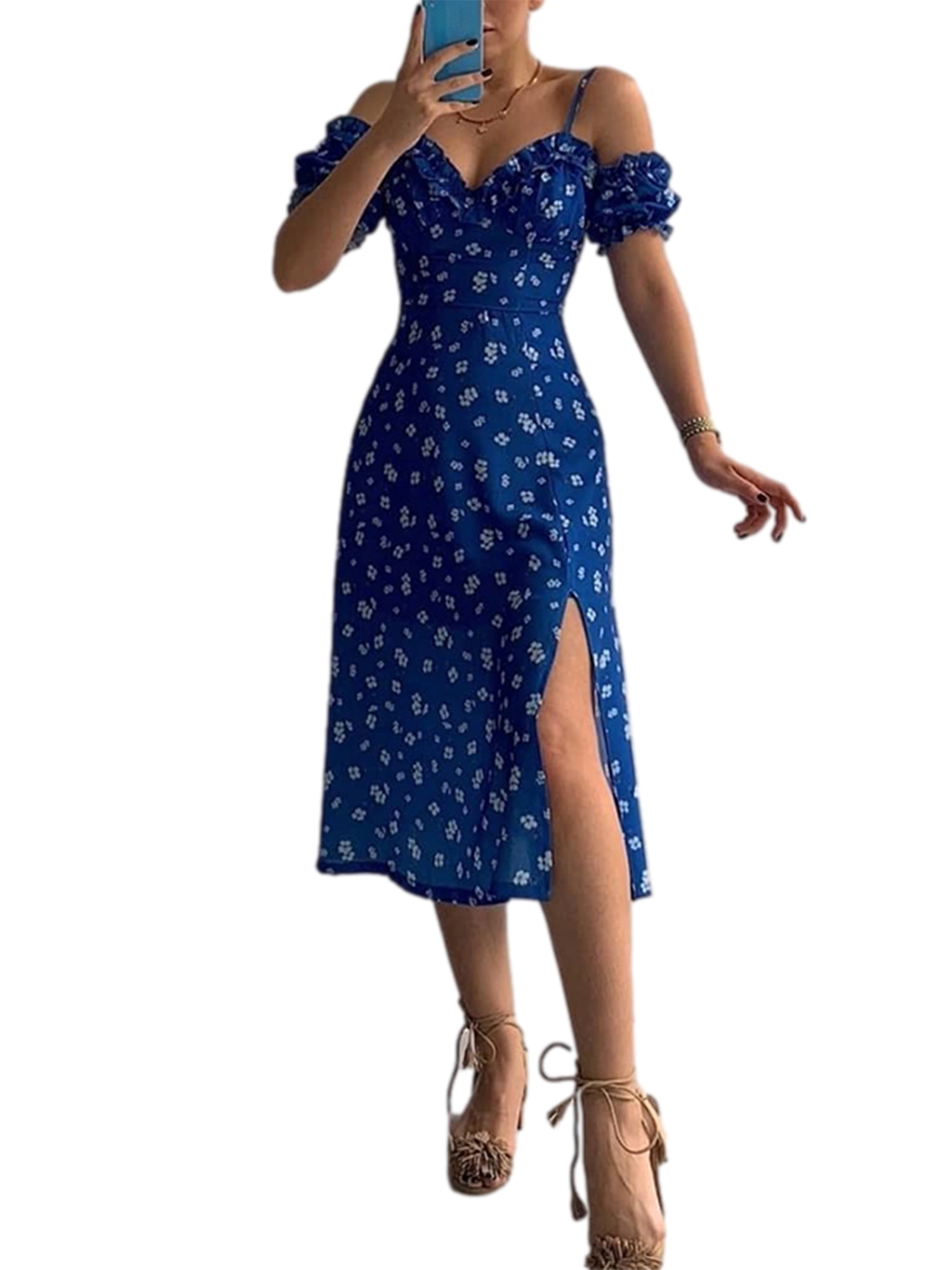 Solid Short Puff Sleeve Dress With Plunged V Neck Line main image 1