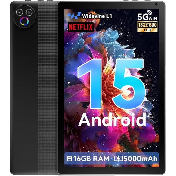 Android 15 5-Core 10inch Tablet,16GB Ram 32GB ROM  1TB Expand,IPS Display, Widevine L1, 5G Wifi, 5MP 8MP Camera, 5000mAh, Bluetooth 2.4,Black