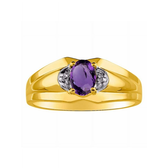 RYLOS Mens Rings 14K Yellow Gold Classic Design 7X5MM Oval Gemstone & Diamond Amethyst February Birthstone Ring Size 10