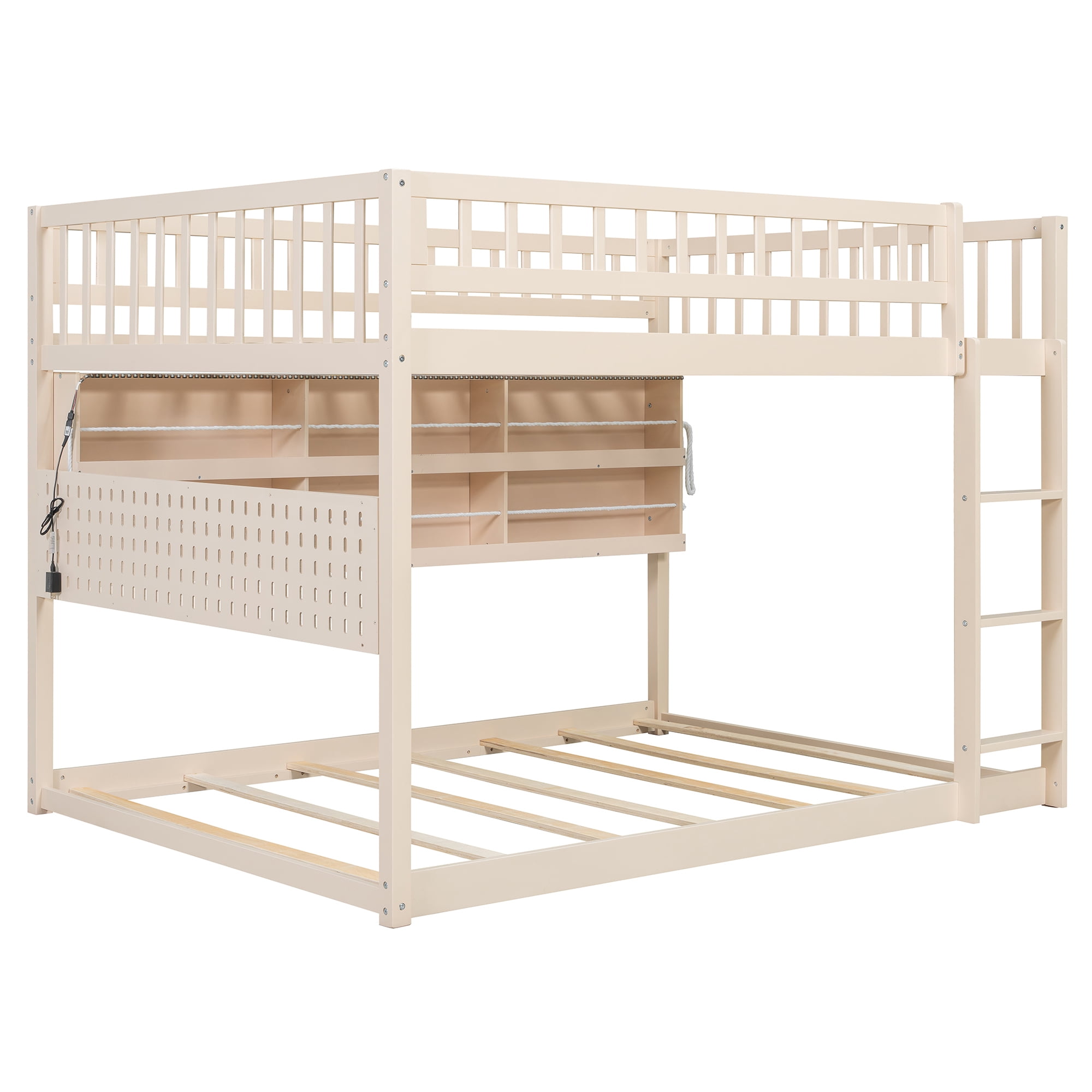 Full over Full Wood Bunk Bed with Integrated Side Storage Shelves and Pegboard, Solid Wood Bunk Bed Frame with Color-Changing Lights and Safety Guardrails for Teens, Adults, Guests