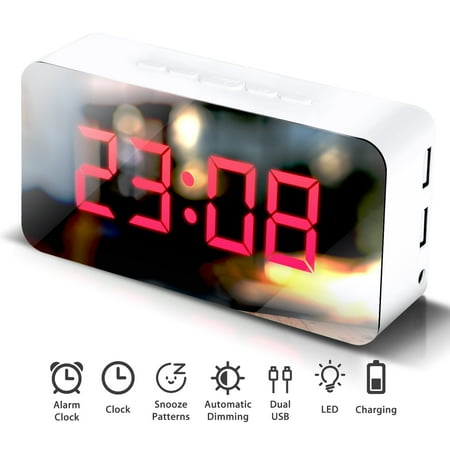 TSV Digital Alarm Clock, LED Display Clock Best Makeup Bedroom Mirror Travel Alarm Office Bedroom Clock, Alarm with Snooze, Auto Dimmer Battery Powered with Dual USB (Best Weather Alarm Clock)