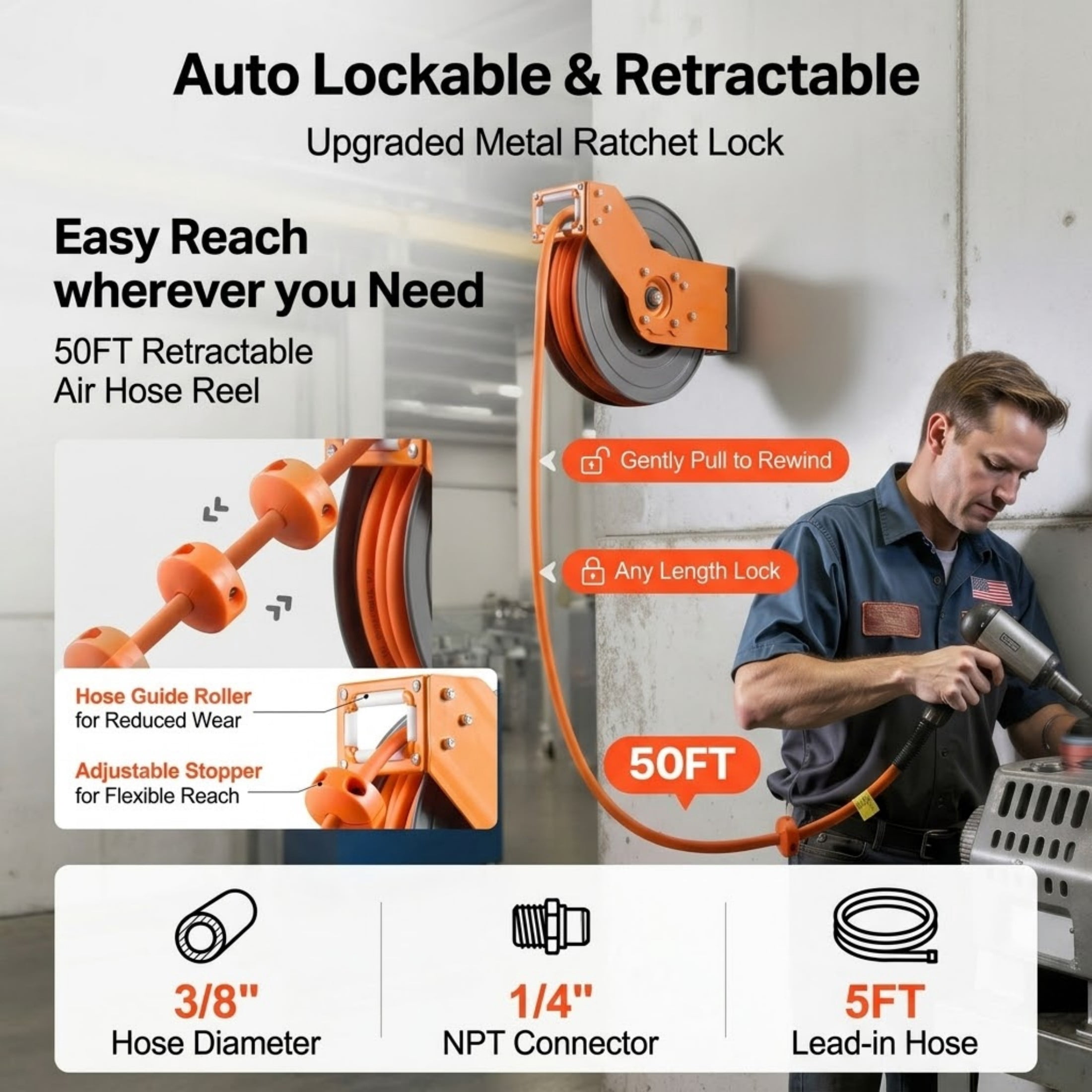 50 ft Retractable Air Hose Reel, 3/8" x 50' Hybrid Air Compressor Hose, 300 PSI Max with 180° Swivel Mount