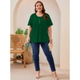 thumbnail image 3 of SHOWMALL Women's Plus Size Pleated Tunic Top, Green 4X Short Sleeve Scoop Neck Shirt with Decorative Buttons, Casual Loose Fit Summer Blouse, 3 of 8