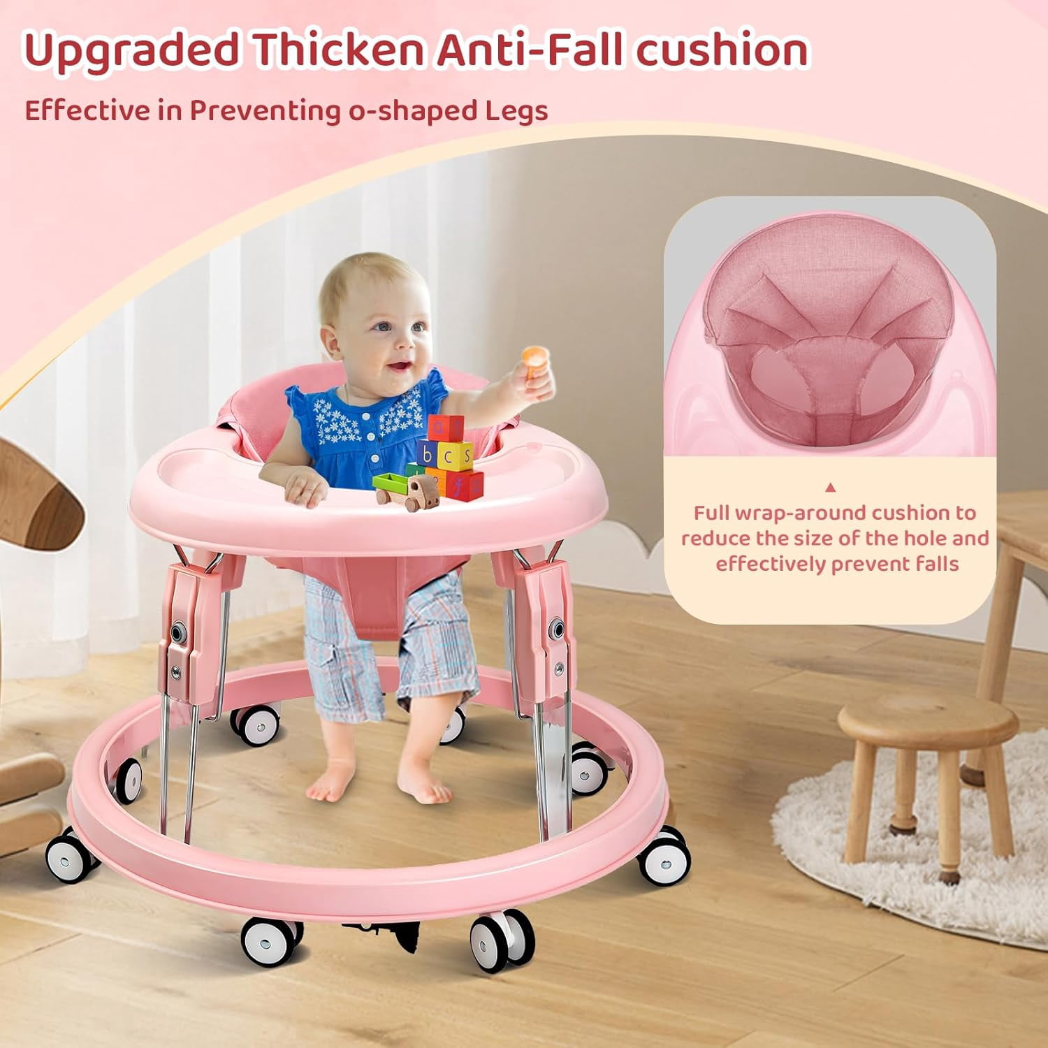 PRVAETU Foldable Baby Walker Activity Center W/ Wheels,Height Adjustable W/ Dinner Plate & Foot Pad for 6-18 Months Babies Infant Boys Girls,Full Pink