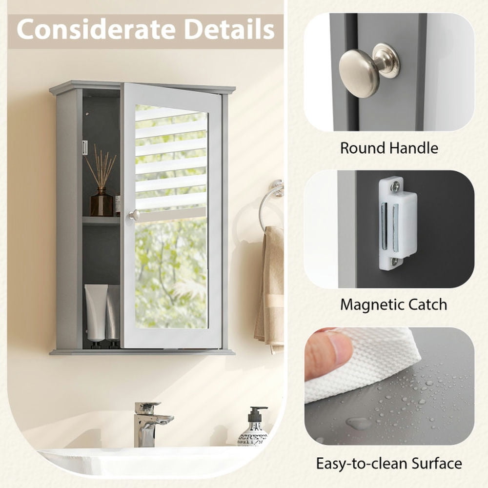 Finihen Bathroom Wall Cabinet, Wall Mounted Bathroom Mirror Cabinet, Bathroom Wall Cabinet with Single Mirror Door, for Bathroom, Gray Finihen Bathroom Wall Cabinet, Wall Mounted Bathroom Mirror Cabinet, Bathroom Wall Cabinet with Single Mirror Door, for Bathroom, Gray
